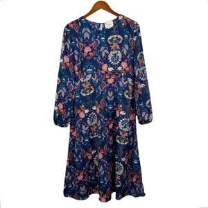 I Madeline Midi Dress Women's XL Blue Floral Garden Splendor Boho Long Sleeve